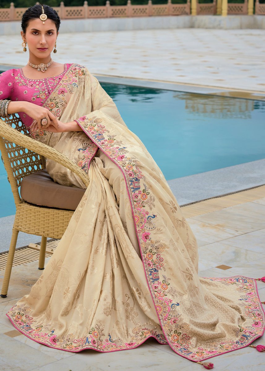 Cream White Viscose Silk Saree with Intricate Cutwork & Embroidery - House of Sarvati LLC