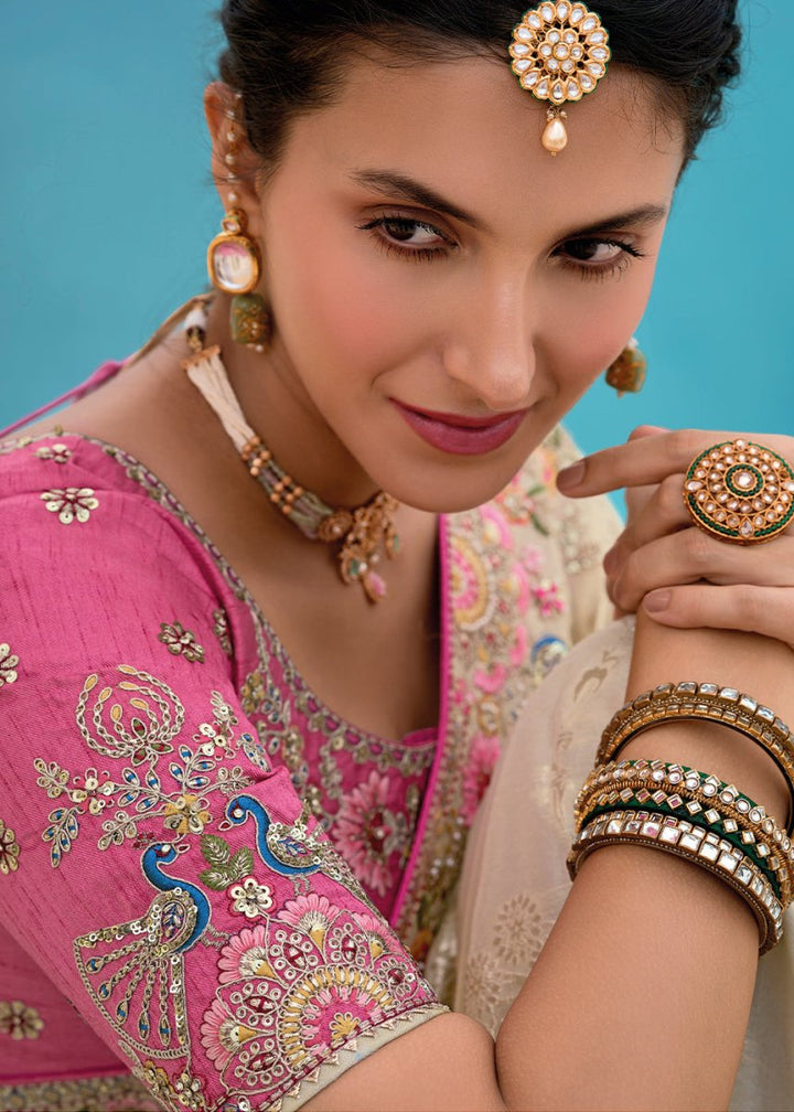 Cream White Viscose Silk Saree with Intricate Cutwork & Embroidery - House of Sarvati LLC