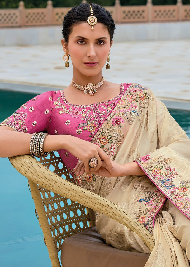 Cream White Viscose Silk Saree with Intricate Cutwork & Embroidery - House of Sarvati LLC