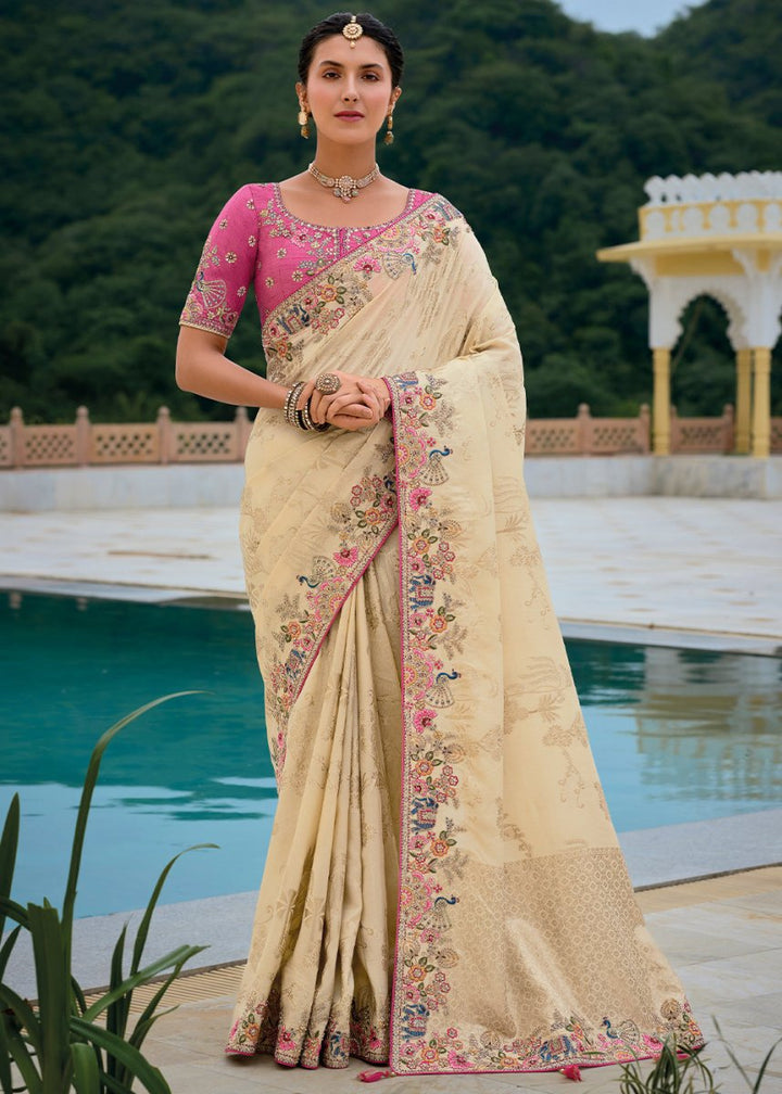 Cream White Viscose Silk Saree with Intricate Cutwork & Embroidery - House of Sarvati LLC