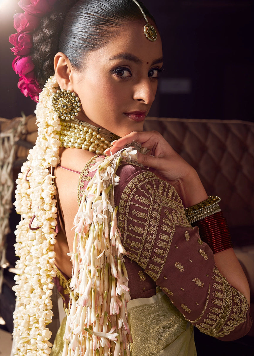 Cream White Viscose Tissue Silk Saree with Handcrafted Pallu and Embroidered Blouse - House of Sarvati LLC