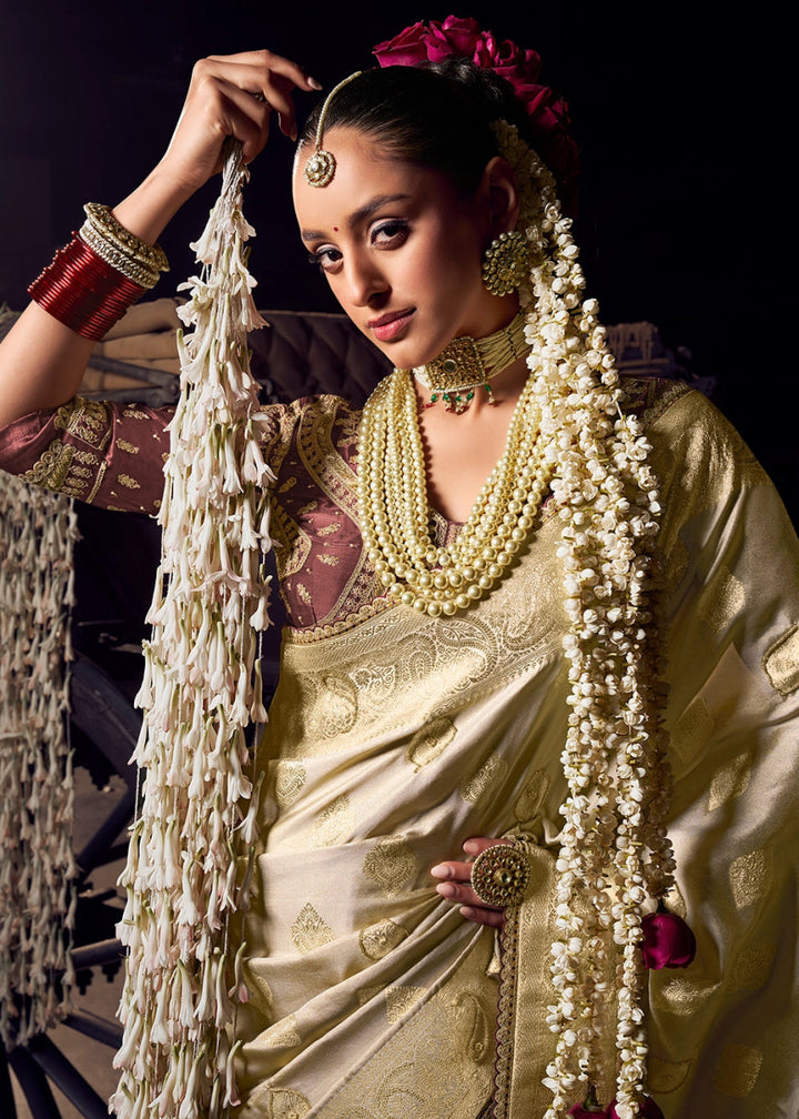 Cream White Viscose Tissue Silk Saree with Handcrafted Pallu and Embroidered Blouse - House of Sarvati LLC