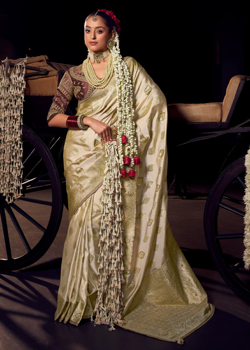 Cream White Viscose Tissue Silk Saree with Handcrafted Pallu and Embroidered Blouse - House of Sarvati LLC