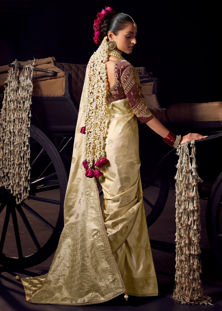 Cream White Viscose Tissue Silk Saree with Handcrafted Pallu and Embroidered Blouse - House of Sarvati LLC