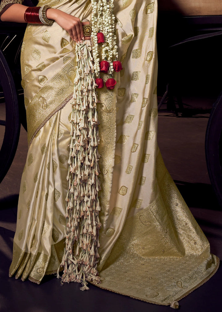 Cream White Viscose Tissue Silk Saree with Handcrafted Pallu and Embroidered Blouse - House of Sarvati LLC