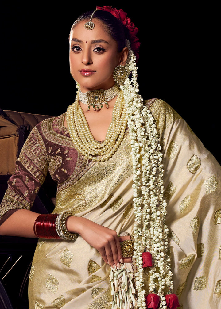 Cream White Viscose Tissue Silk Saree with Handcrafted Pallu and Embroidered Blouse - House of Sarvati LLC