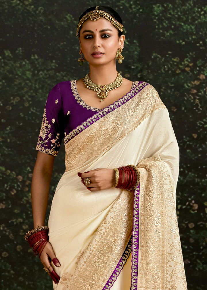 Cream White Zari Woven Dola Silk Saree with Embroidery Detailing - House of Sarvati LLC