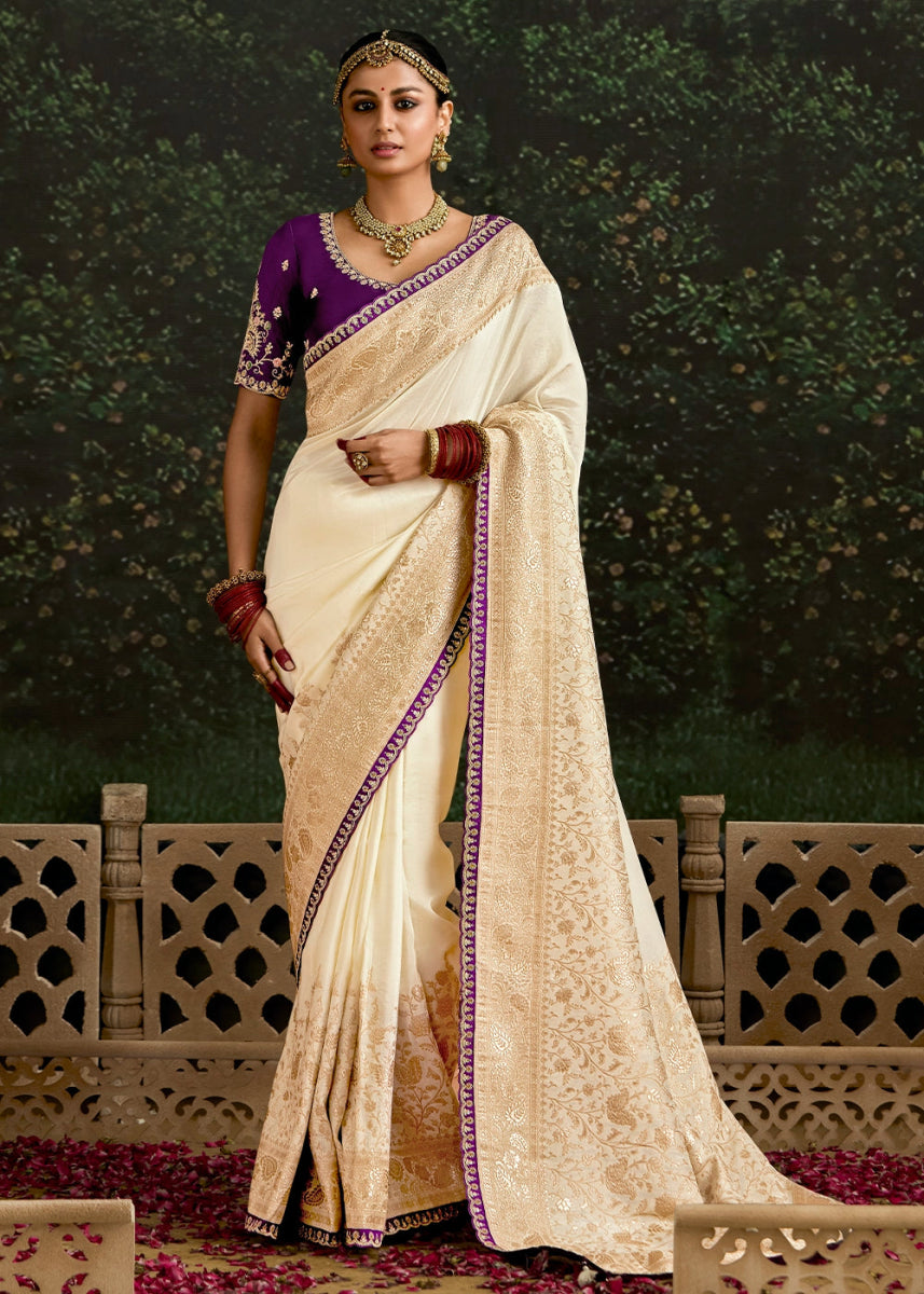 Cream White Zari Woven Dola Silk Saree with Embroidery Detailing - House of Sarvati LLC