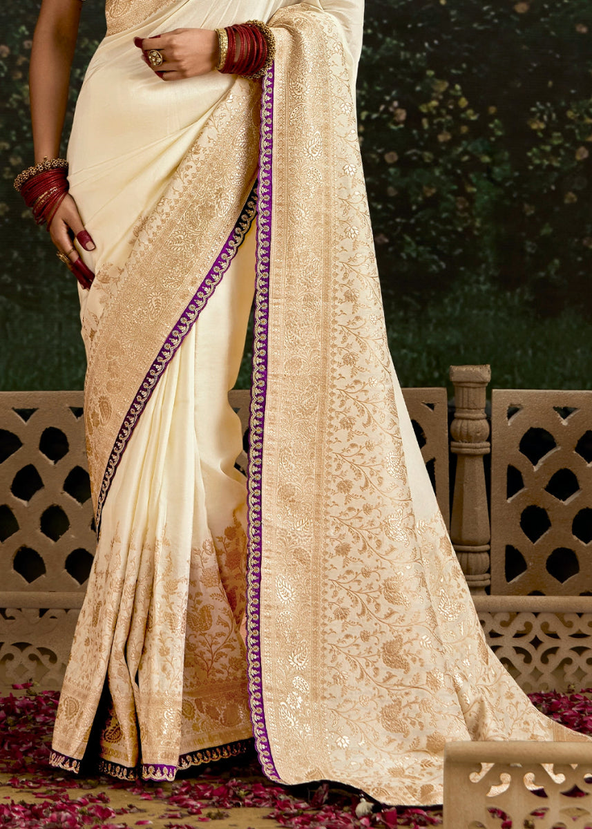 Cream White Zari Woven Dola Silk Saree with Embroidery Detailing - House of Sarvati LLC