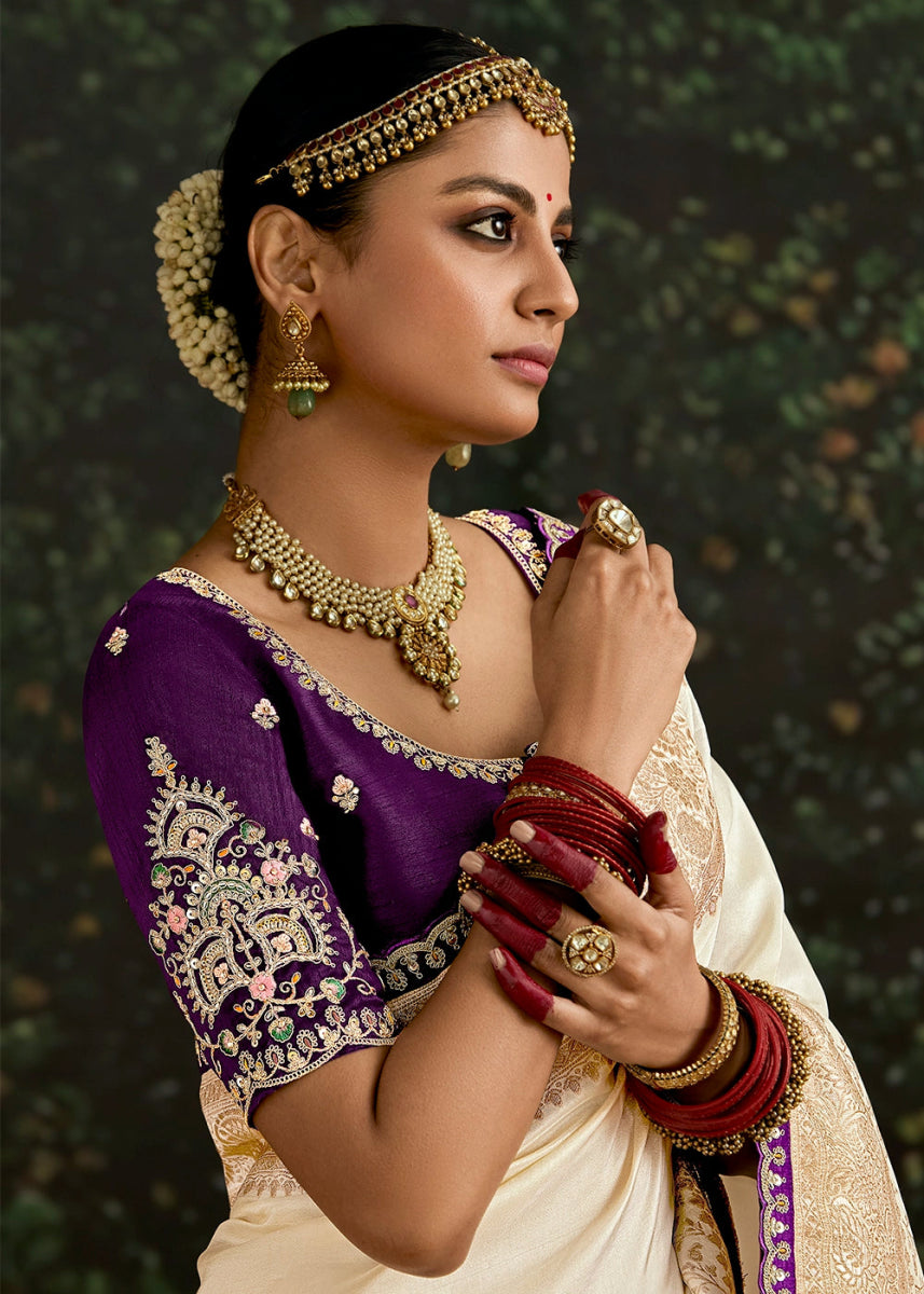 Cream White Zari Woven Dola Silk Saree with Embroidery Detailing - House of Sarvati LLC