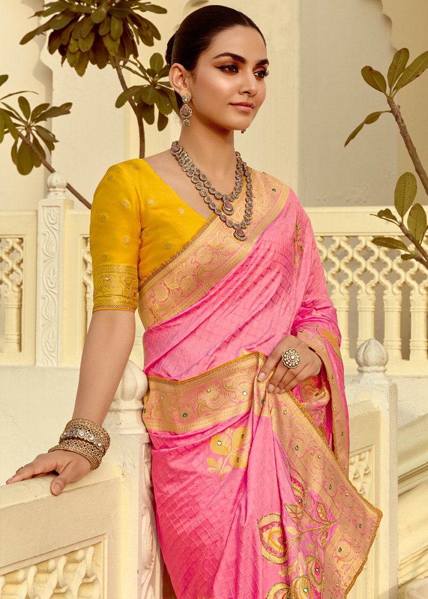 Creamy Pink Dola Silk Saree Featuring Zari Weave And Intricate Handwork With Cut Dana - House of Sarvati LLC