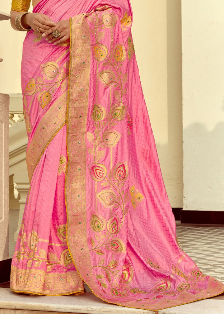 Creamy Pink Dola Silk Saree Featuring Zari Weave And Intricate Handwork With Cut Dana - House of Sarvati LLC