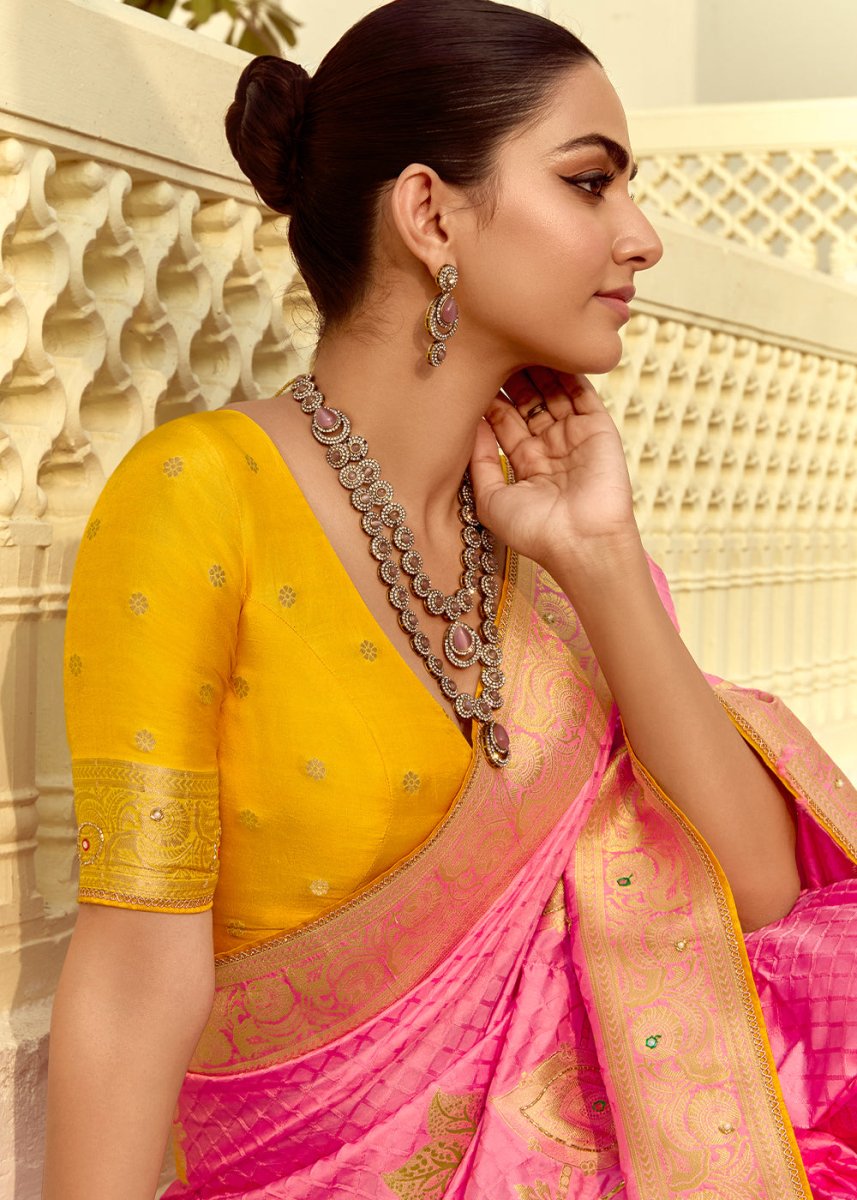 Creamy Pink Dola Silk Saree Featuring Zari Weave And Intricate Handwork With Cut Dana - House of Sarvati LLC