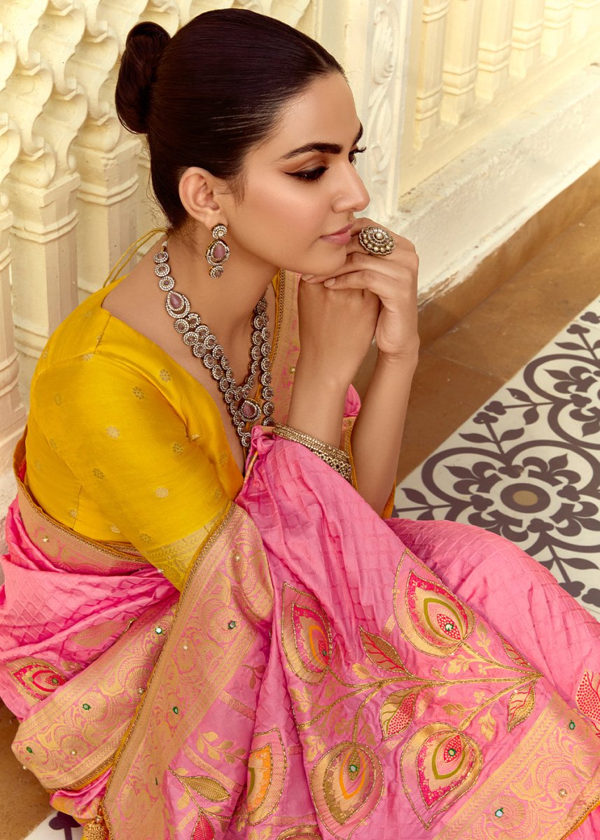 Creamy Pink Dola Silk Saree Featuring Zari Weave And Intricate Handwork With Cut Dana - House of Sarvati LLC