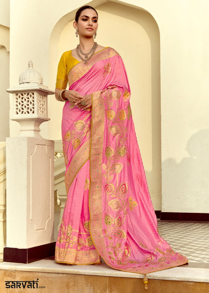 Creamy Pink Dola Silk Saree Featuring Zari Weave And Intricate Handwork With Cut Dana - House of Sarvati LLC