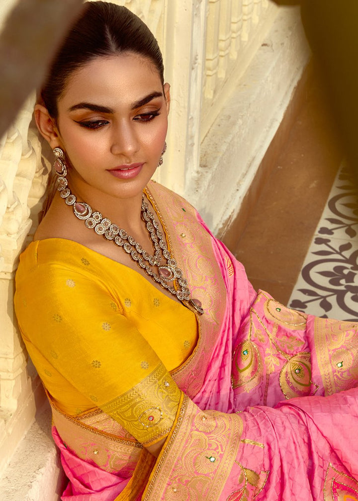 Creamy Pink Dola Silk Saree Featuring Zari Weave And Intricate Handwork With Cut Dana - House of Sarvati LLC