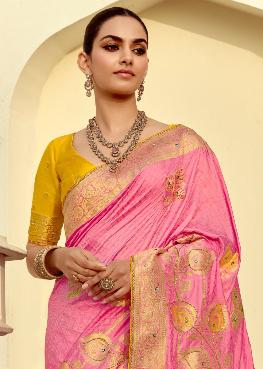 Creamy Pink Dola Silk Saree Featuring Zari Weave And Intricate Handwork With Cut Dana - House of Sarvati LLC