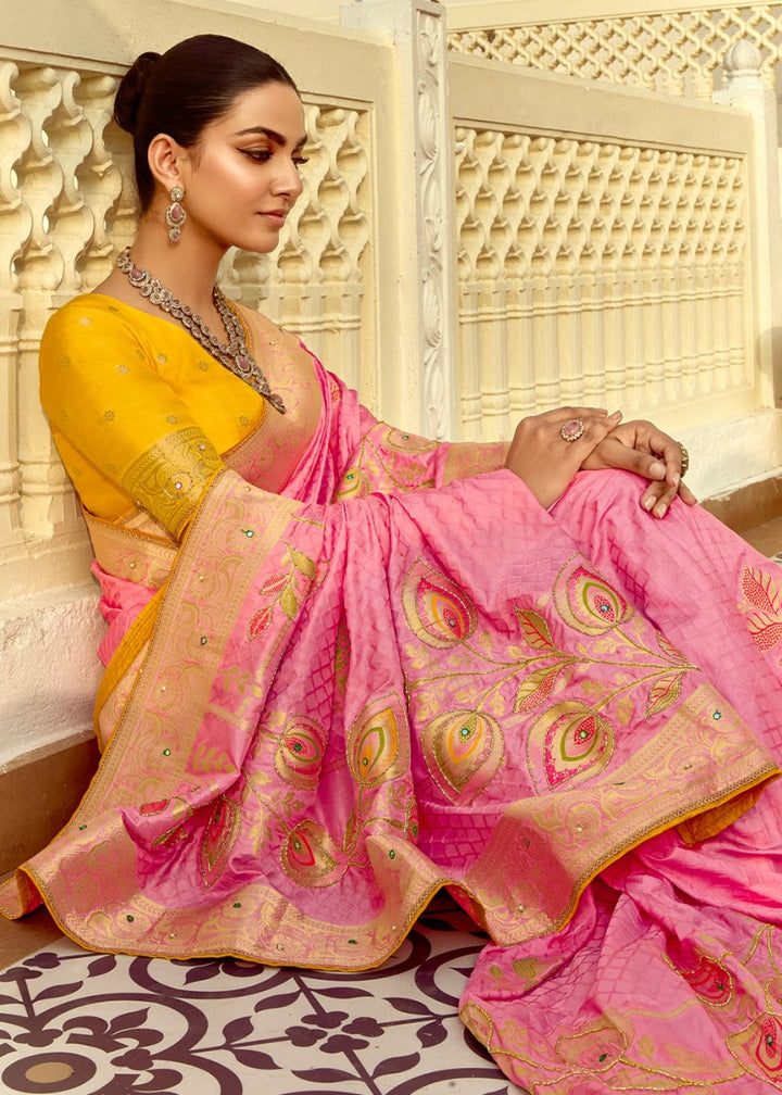Creamy Pink Dola Silk Saree Featuring Zari Weave And Intricate Handwork With Cut Dana - House of Sarvati LLC