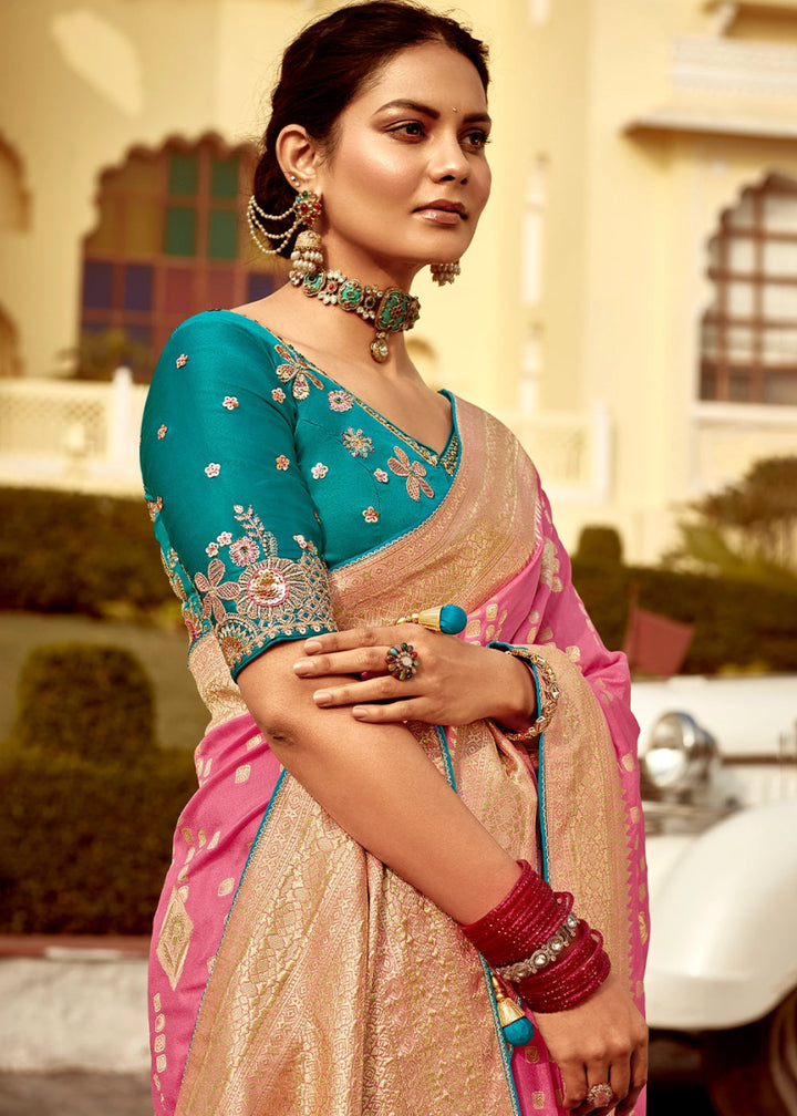 Creamy Pink Dola Silk Saree with Intricate Weaving & Embroidered Blouse - House of Sarvati LLC