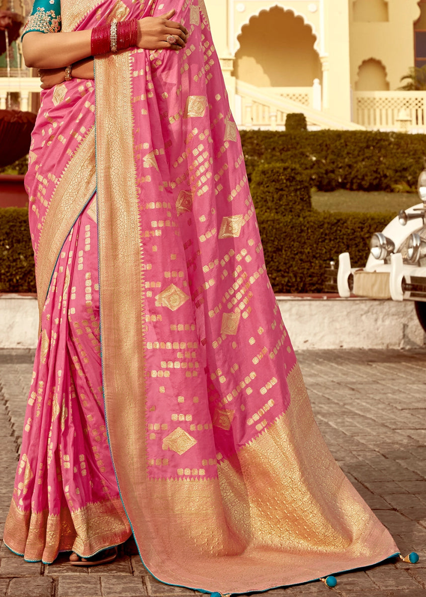 Creamy Pink Dola Silk Saree with Intricate Weaving & Embroidered Blouse - House of Sarvati LLC