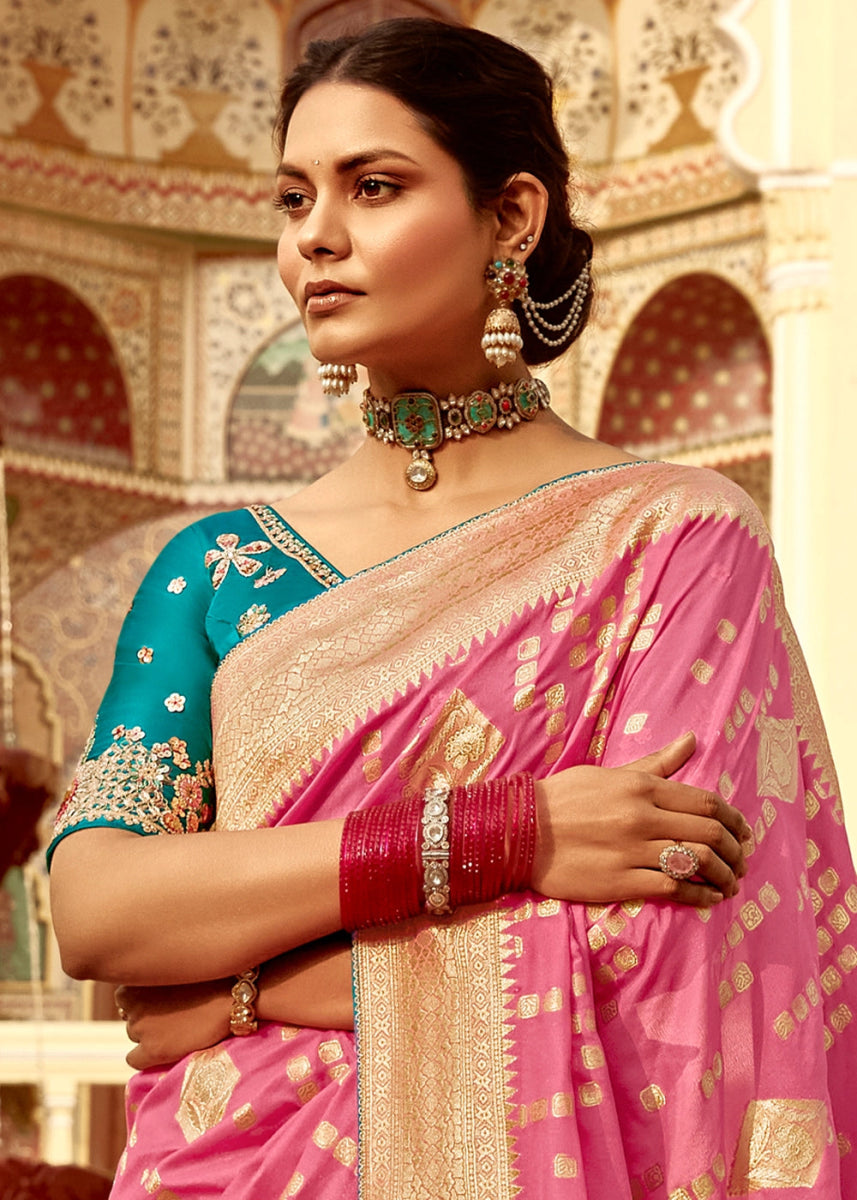 Creamy Pink Dola Silk Saree with Intricate Weaving & Embroidered Blouse - House of Sarvati LLC