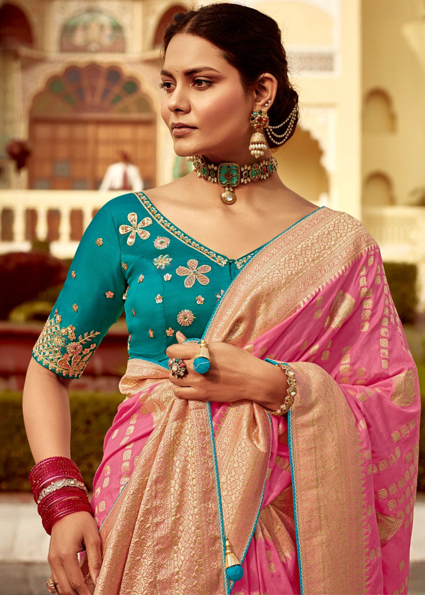 Creamy Pink Dola Silk Saree with Intricate Weaving & Embroidered Blouse - House of Sarvati LLC