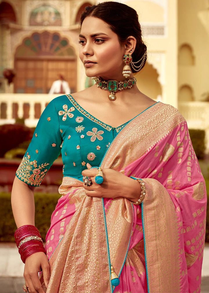 Creamy Pink Dola Silk Saree with Intricate Weaving & Embroidered Blouse - House of Sarvati LLC