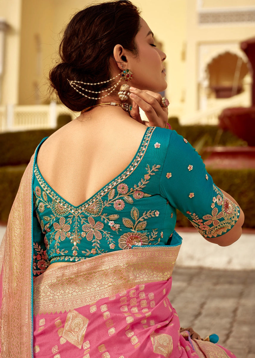 Creamy Pink Dola Silk Saree with Intricate Weaving & Embroidered Blouse - House of Sarvati LLC