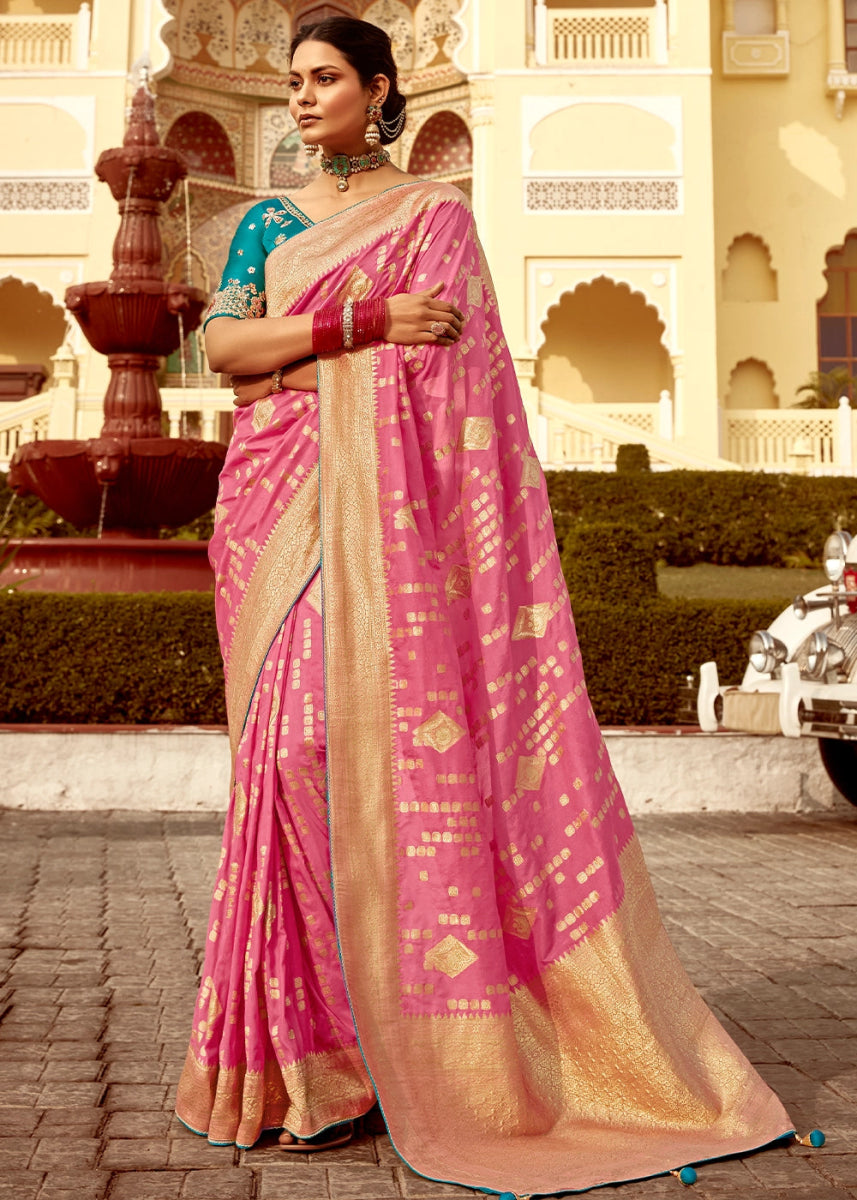 Creamy Pink Dola Silk Saree with Intricate Weaving & Embroidered Blouse - House of Sarvati LLC