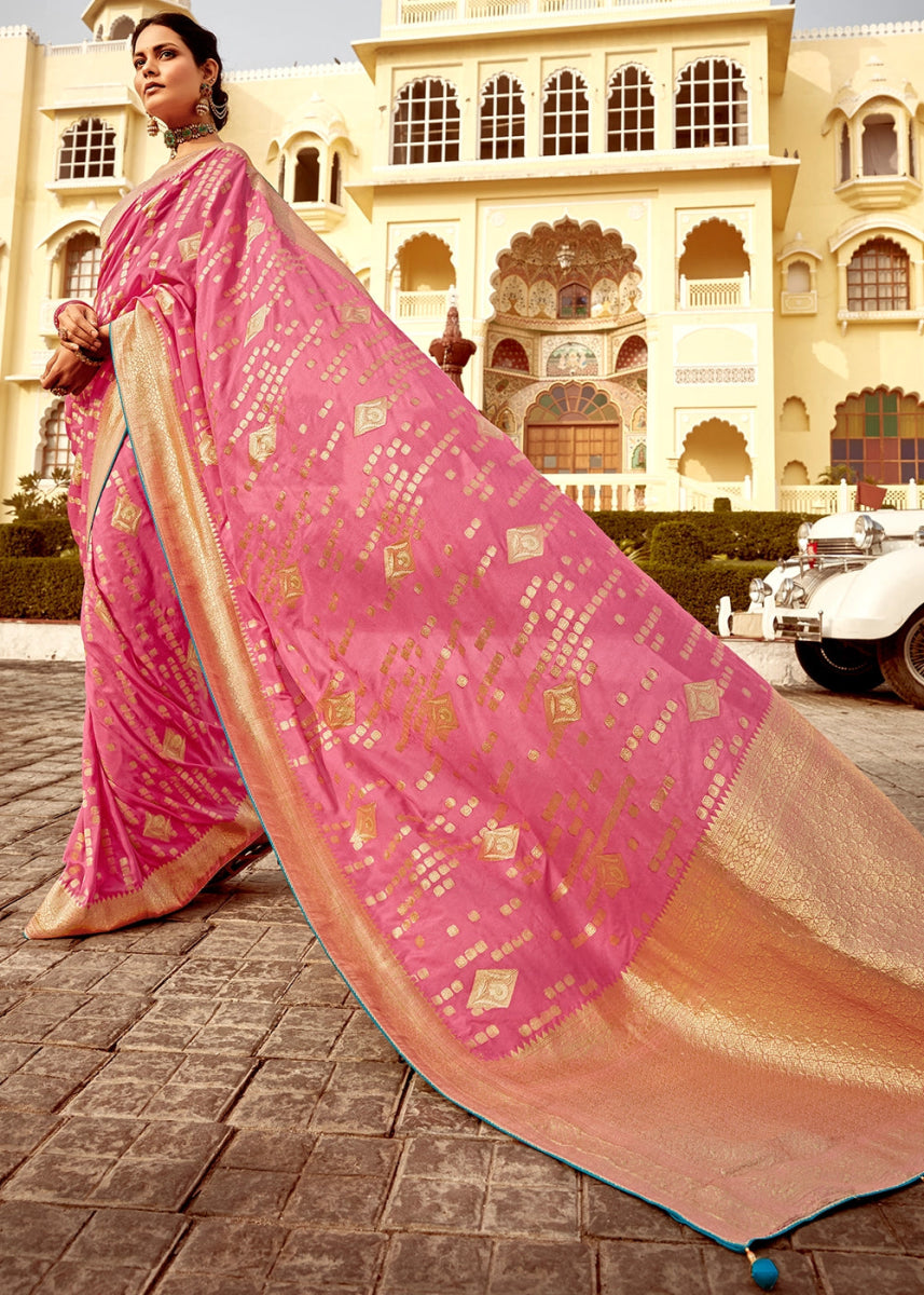 Creamy Pink Dola Silk Saree with Intricate Weaving & Embroidered Blouse - House of Sarvati LLC