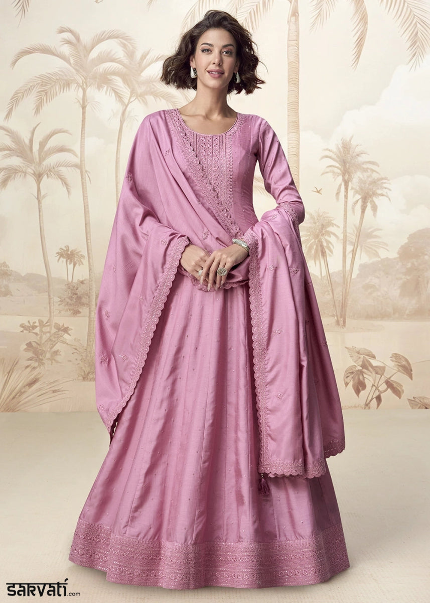 Creamy Pink Embroidered Silk Anarkali Gown for Festive Occasions - House of Sarvati LLC
