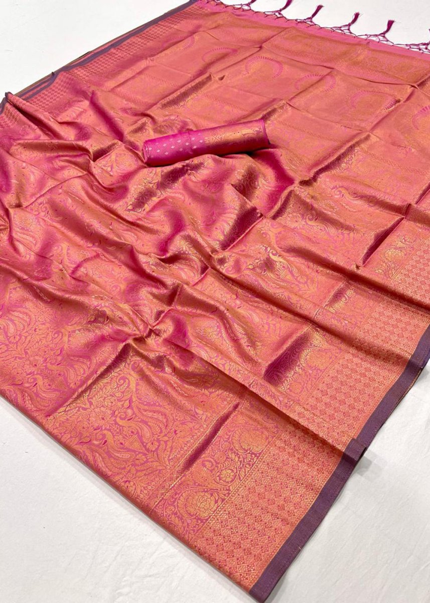 Creamy Pink Silk Saree with Handloom Weaving and Gold Zari Accents - House of Sarvati LLC