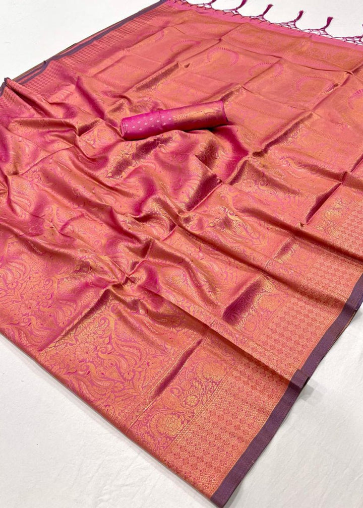 Creamy Pink Silk Saree with Handloom Weaving and Gold Zari Accents - House of Sarvati LLC