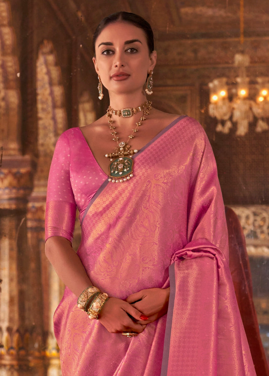 Creamy Pink Silk Saree with Handloom Weaving and Gold Zari Accents - House of Sarvati LLC