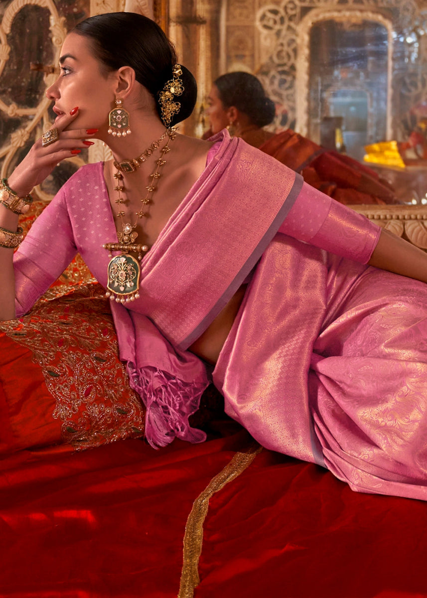 Creamy Pink Silk Saree with Handloom Weaving and Gold Zari Accents - House of Sarvati LLC