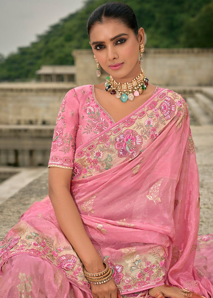 Creamy Pink Viscose Silk Saree with Intricate Cutwork & Embroidery - House of Sarvati LLC