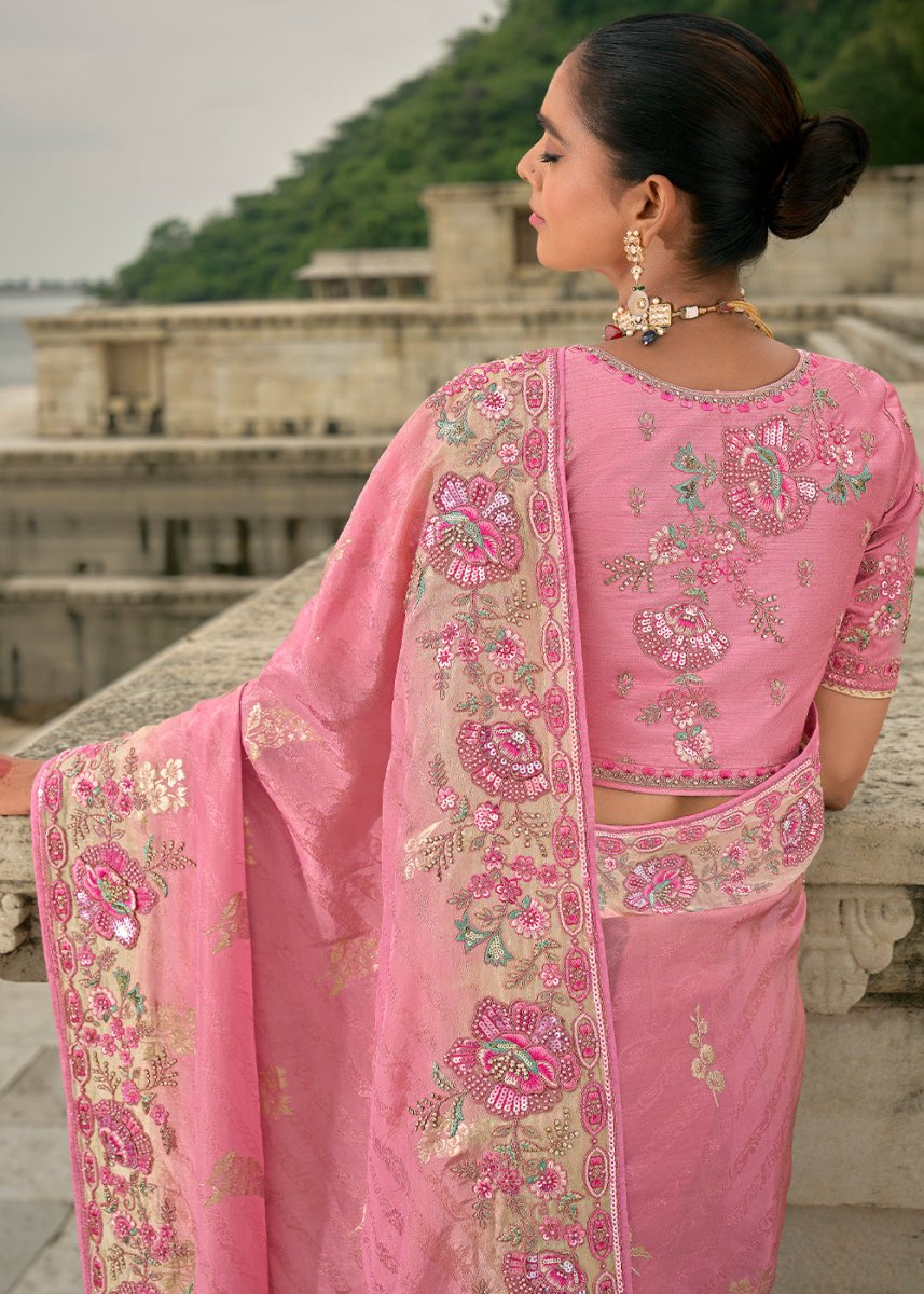 Creamy Pink Viscose Silk Saree with Intricate Cutwork & Embroidery - House of Sarvati LLC