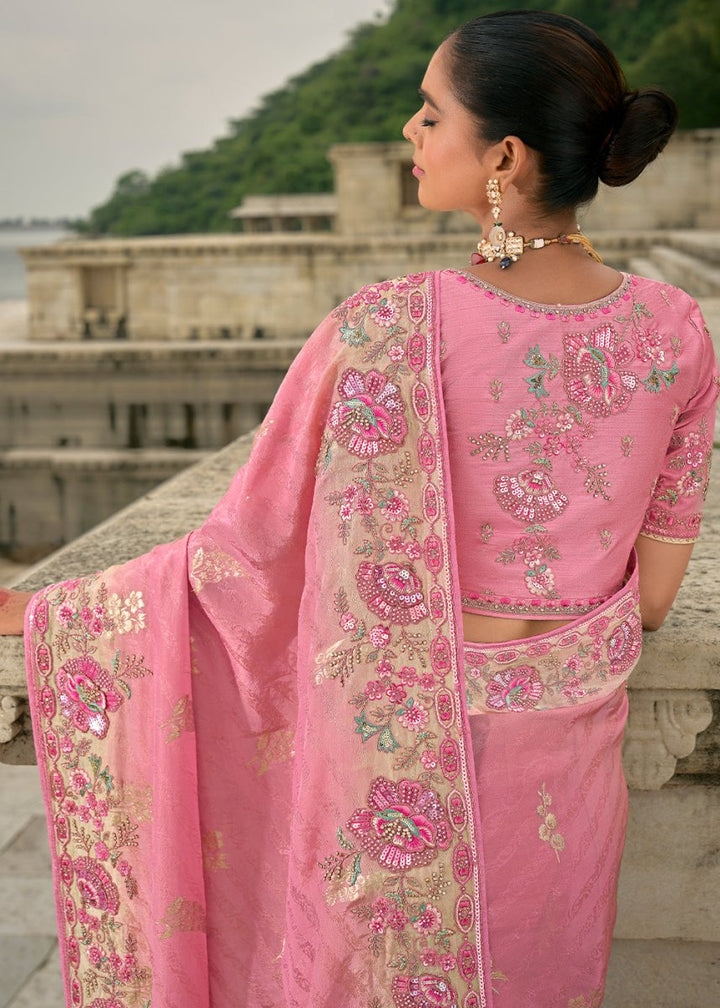 Creamy Pink Viscose Silk Saree with Intricate Cutwork & Embroidery - House of Sarvati LLC