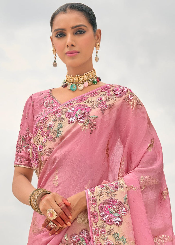Creamy Pink Viscose Silk Saree with Intricate Cutwork & Embroidery - House of Sarvati LLC