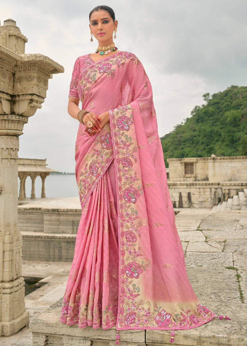 Creamy Pink Viscose Silk Saree with Intricate Cutwork & Embroidery - House of Sarvati LLC