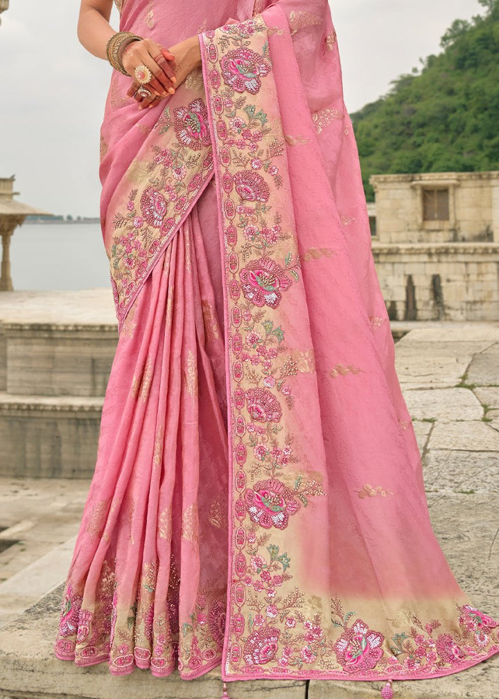 Creamy Pink Viscose Silk Saree with Intricate Cutwork & Embroidery - House of Sarvati LLC