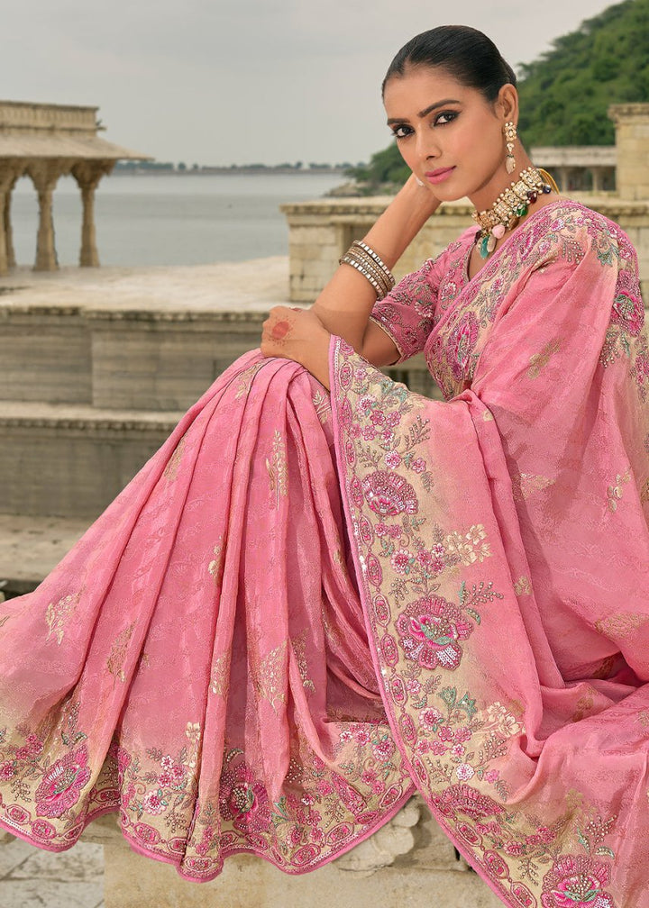 Creamy Pink Viscose Silk Saree with Intricate Cutwork & Embroidery - House of Sarvati LLC