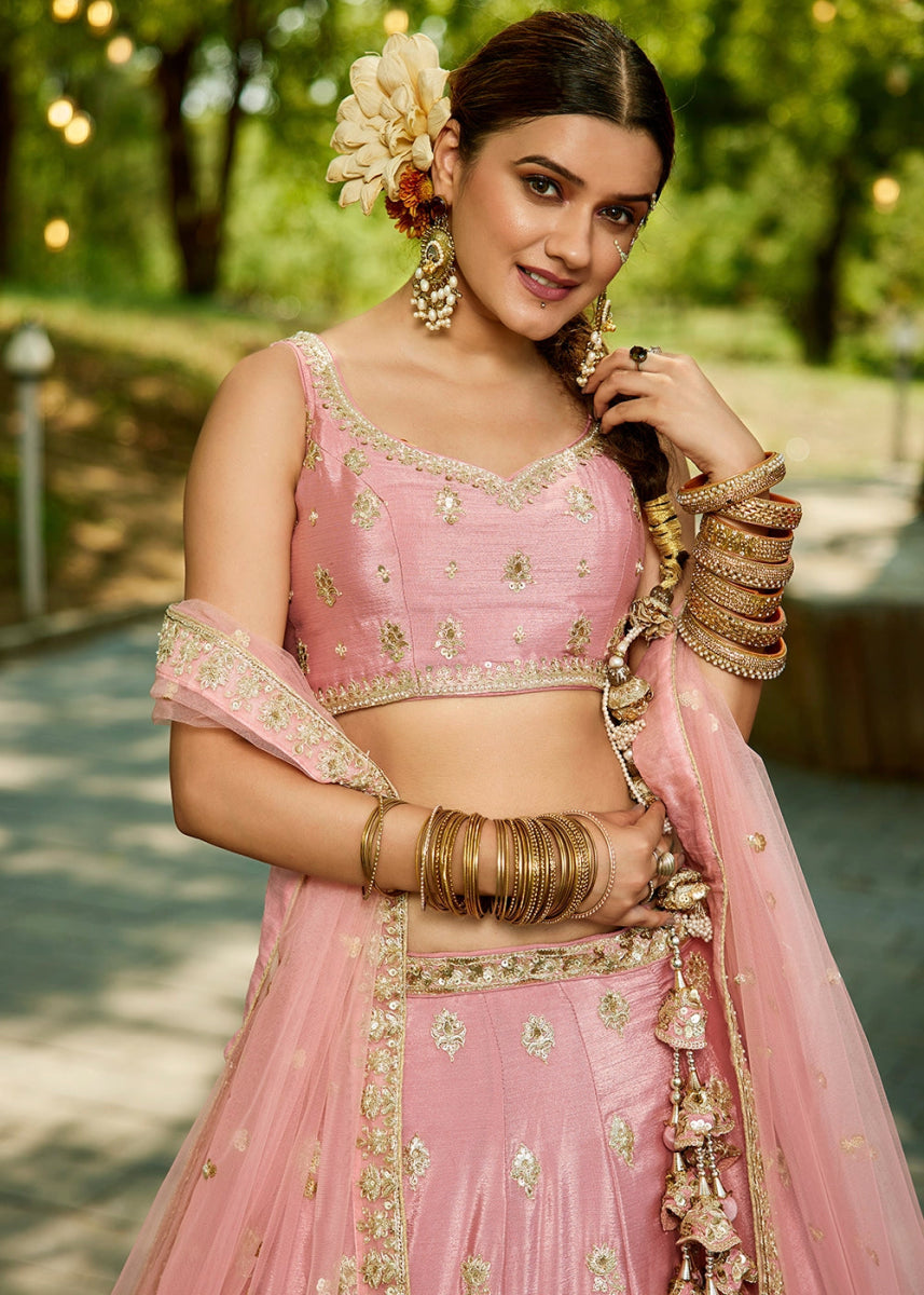 Crepe Pink Lehenga Choli with Floral Sequin Detailing on Chiffon Silk - House of Sarvati LLC