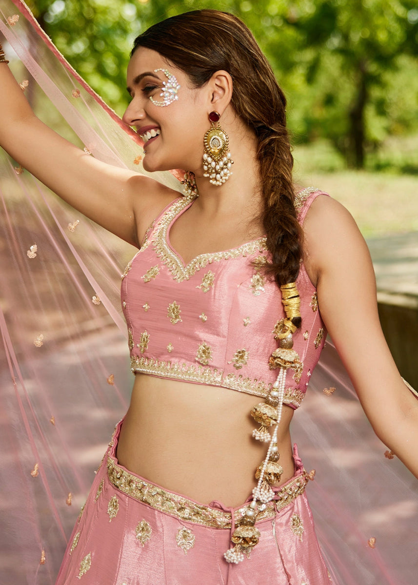 Crepe Pink Lehenga Choli with Floral Sequin Detailing on Chiffon Silk - House of Sarvati LLC
