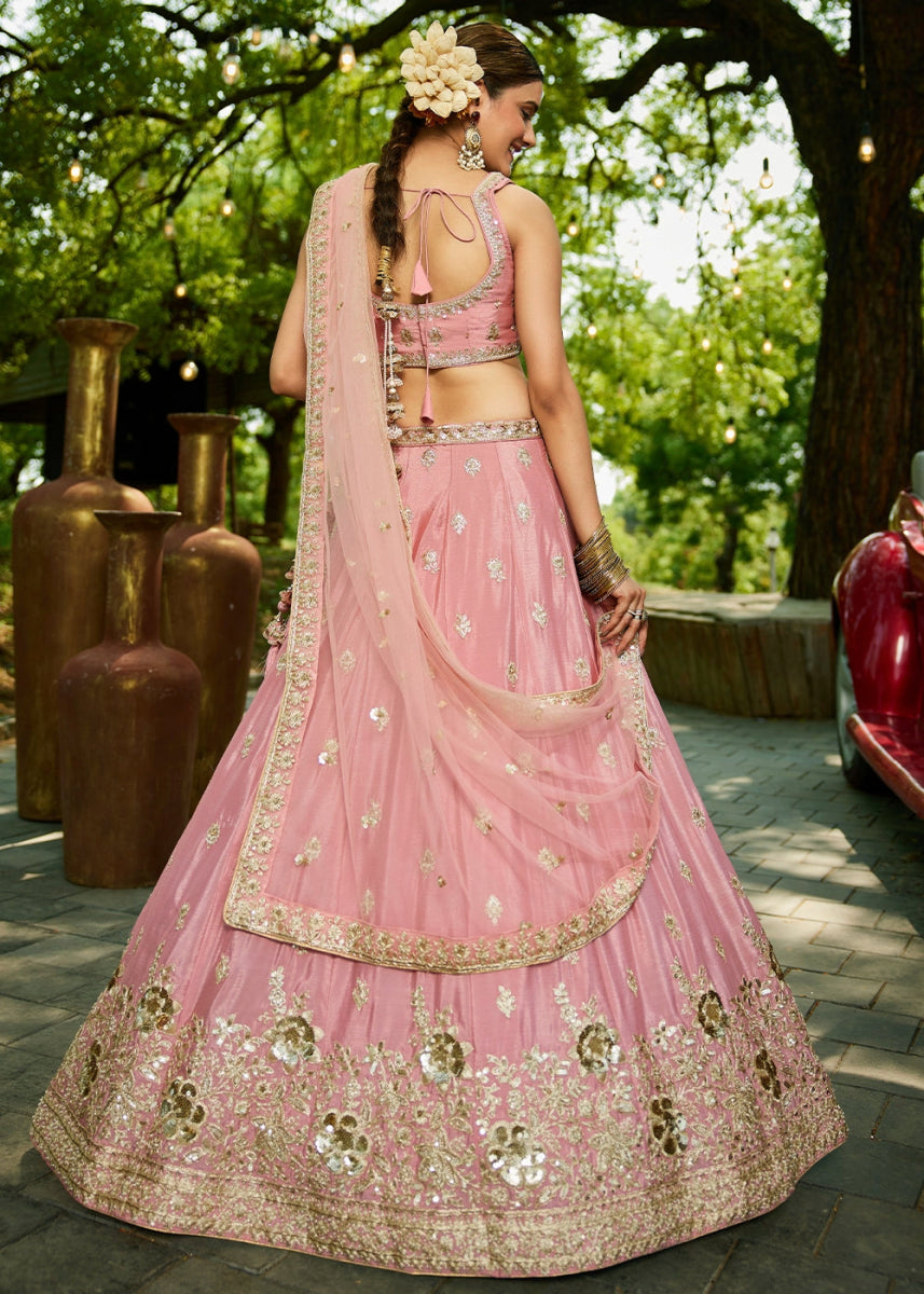 Crepe Pink Lehenga Choli with Floral Sequin Detailing on Chiffon Silk - House of Sarvati LLC