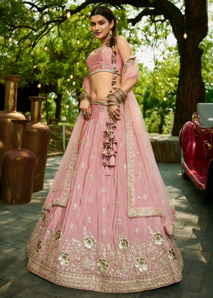 Crepe Pink Lehenga Choli with Floral Sequin Detailing on Chiffon Silk - House of Sarvati LLC