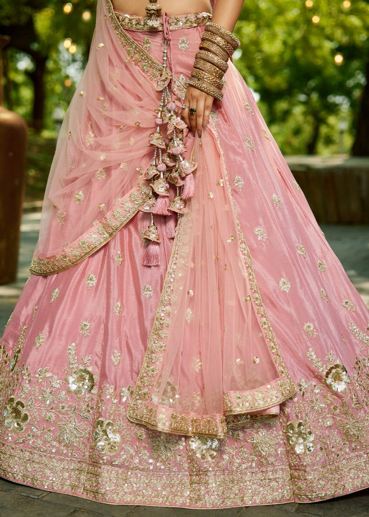 Crepe Pink Lehenga Choli with Floral Sequin Detailing on Chiffon Silk - House of Sarvati LLC