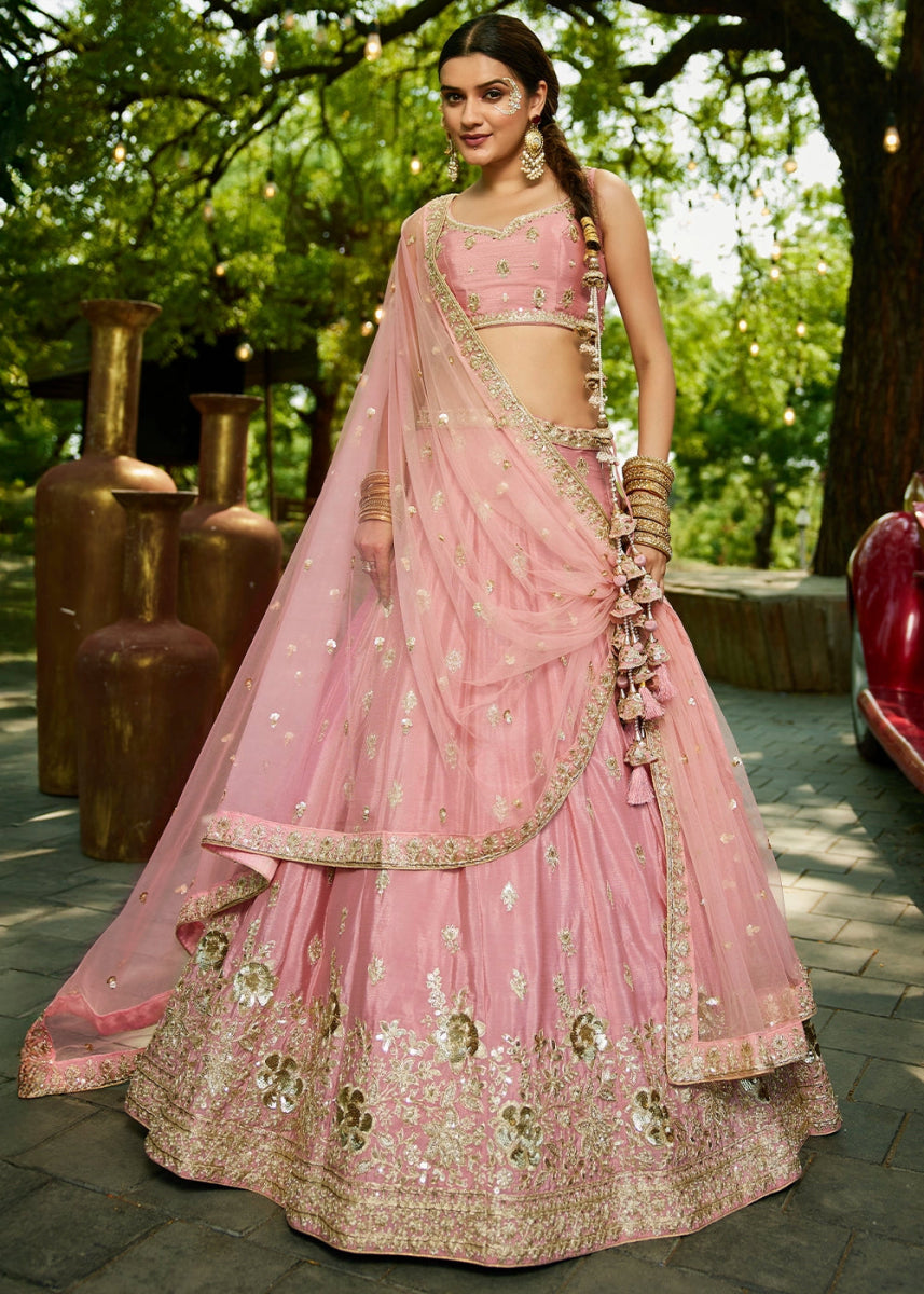 Crepe Pink Lehenga Choli with Floral Sequin Detailing on Chiffon Silk - House of Sarvati LLC