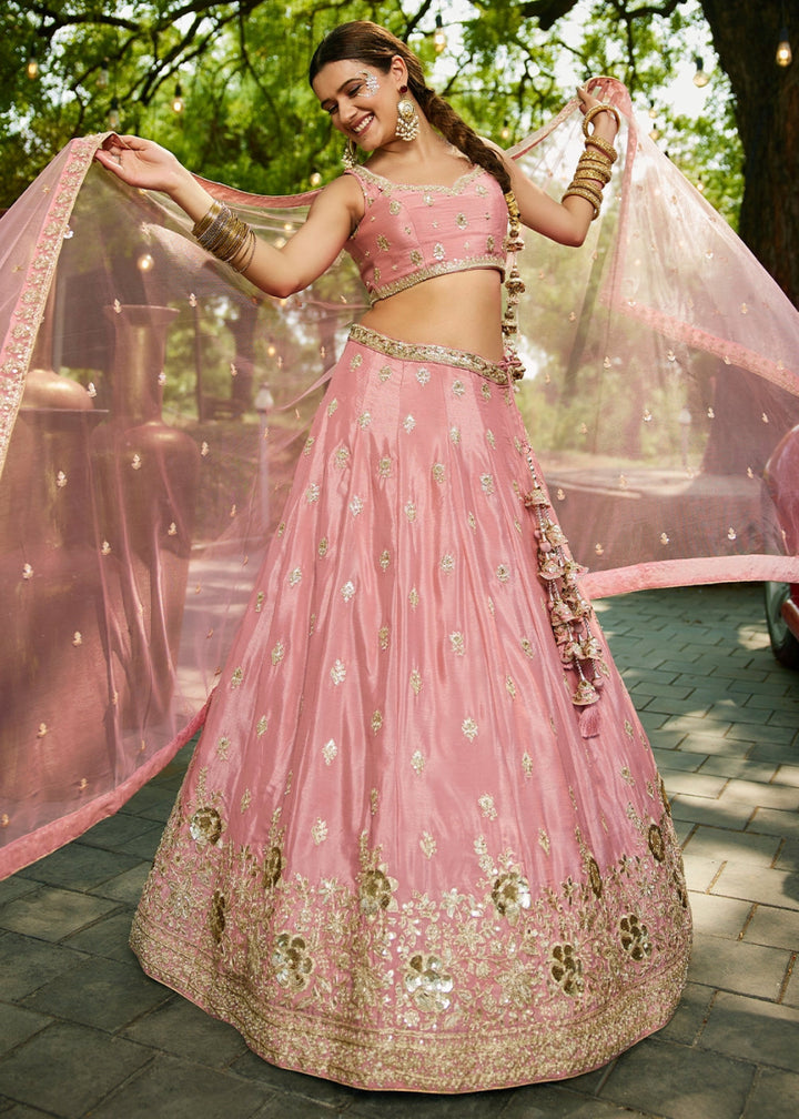 Crepe Pink Lehenga Choli with Floral Sequin Detailing on Chiffon Silk - House of Sarvati LLC