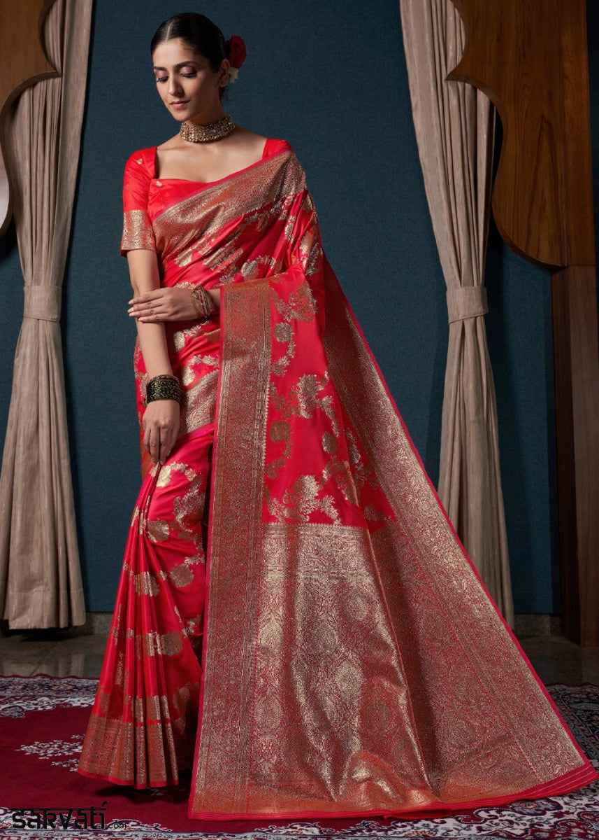 Crimson Pink Banarasi - Style Satin Silk Saree with Zari work - House of Sarvati LLC